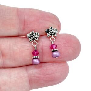 Estate Sterling Silver 925 Purple Pearl Pink Crystal Floral Dangle Earrings